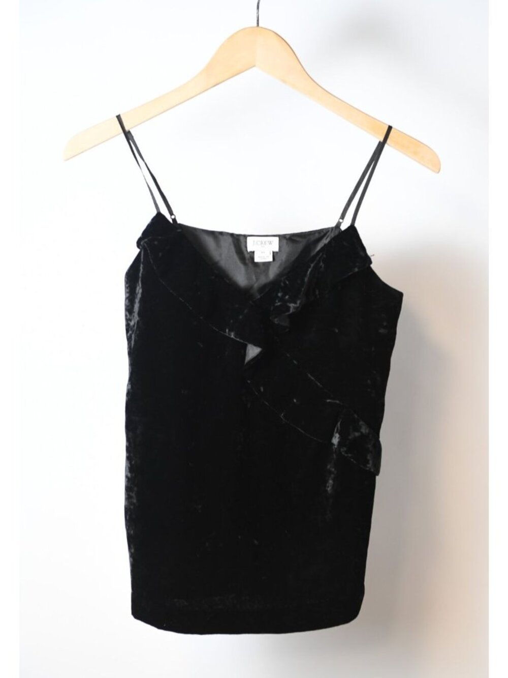 J.Crew Black Velvet Cami Tank Spaghetti Strap Y2K Women's Size XS V-Neck Ruffle